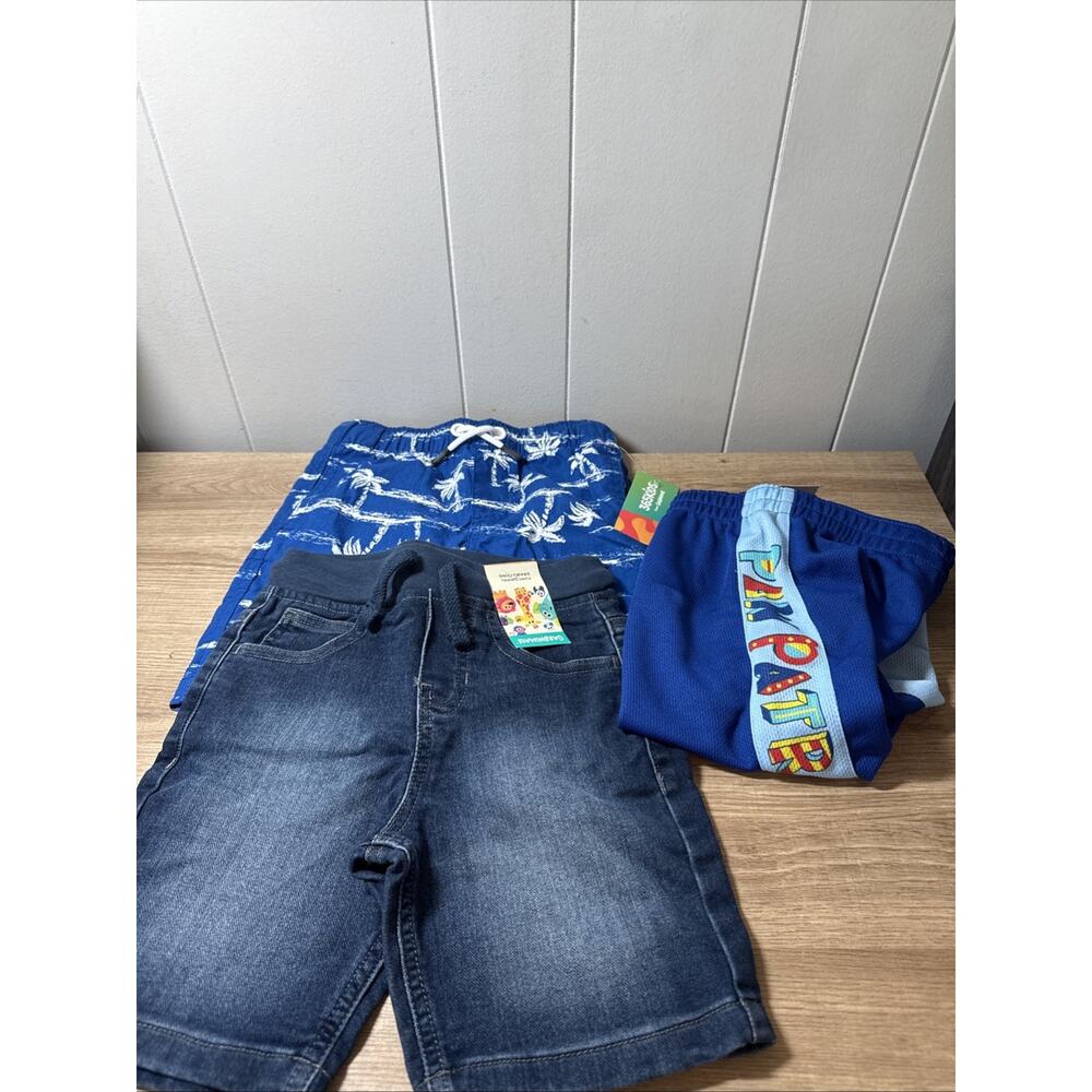 Garanimals, 365 Kids, Blue With White Palm Trees Swim Trunks, Jean Shorts 4T B3